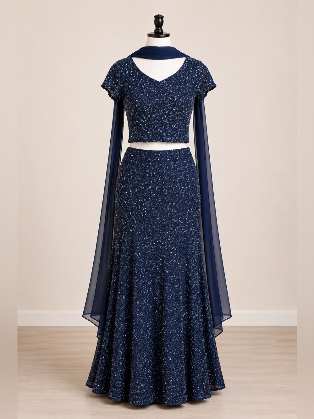 Shimmery midnight blue Sequin top and skirt set